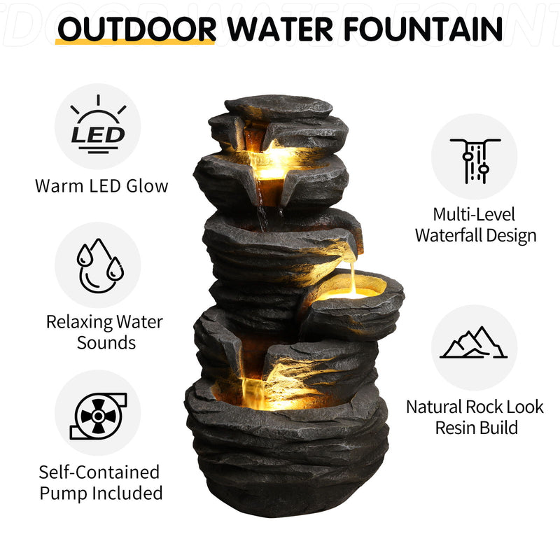 Outdoor Waterfall Fountain With LED Lights For Patio - Gray