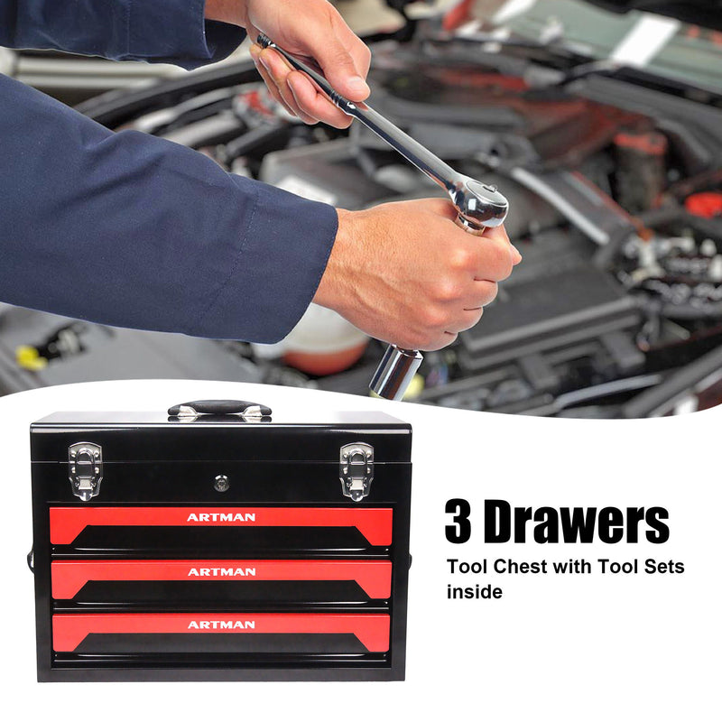 Portable 3 Drawer Steel Toolbox, 4 Layers Of Tools With Metal Latches, With Storage Tray And Carrying Handle