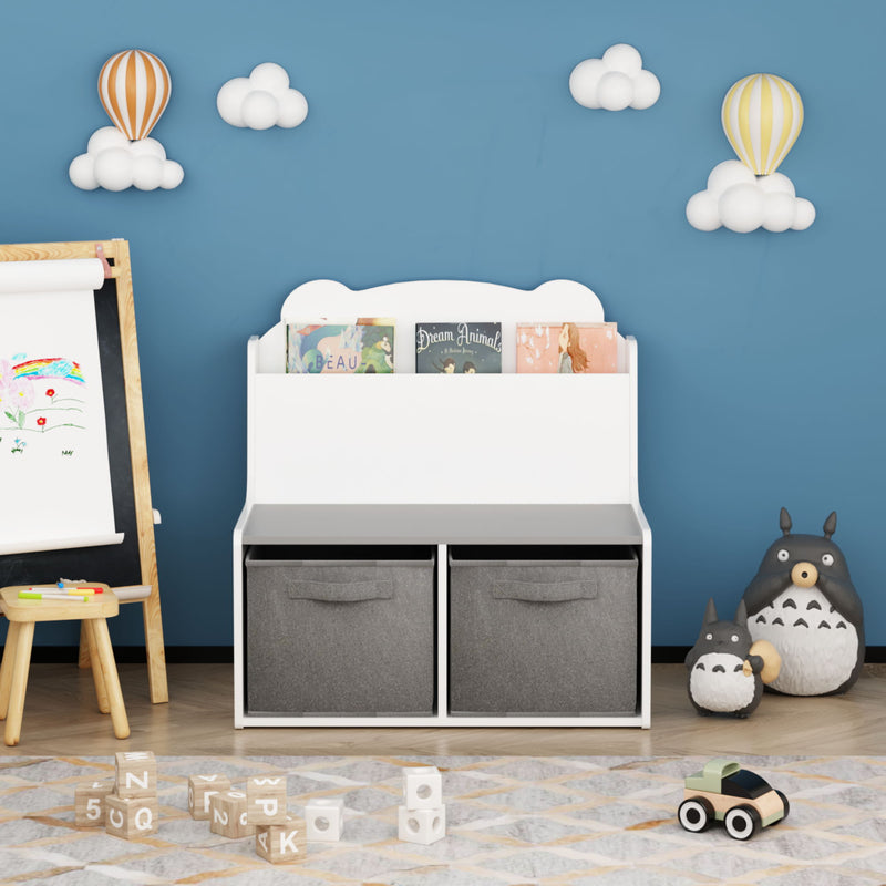 Bookshelf With Storage Bins, Bookcase With Book Display Shelf And 2 Bins, Cute Bear Shaped Backboard, Toy Organizer - White