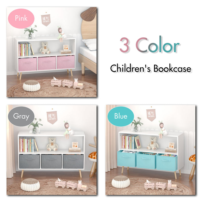 Bookcase With Collapsible Drawers, Book Display Storage Cabinet Organizer - White / Blue