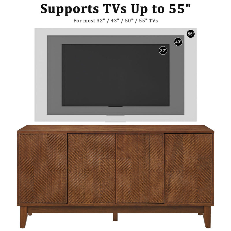 TV Stand & Carved Geometric Doors, Storage Cabinet For Living Room - Walnut