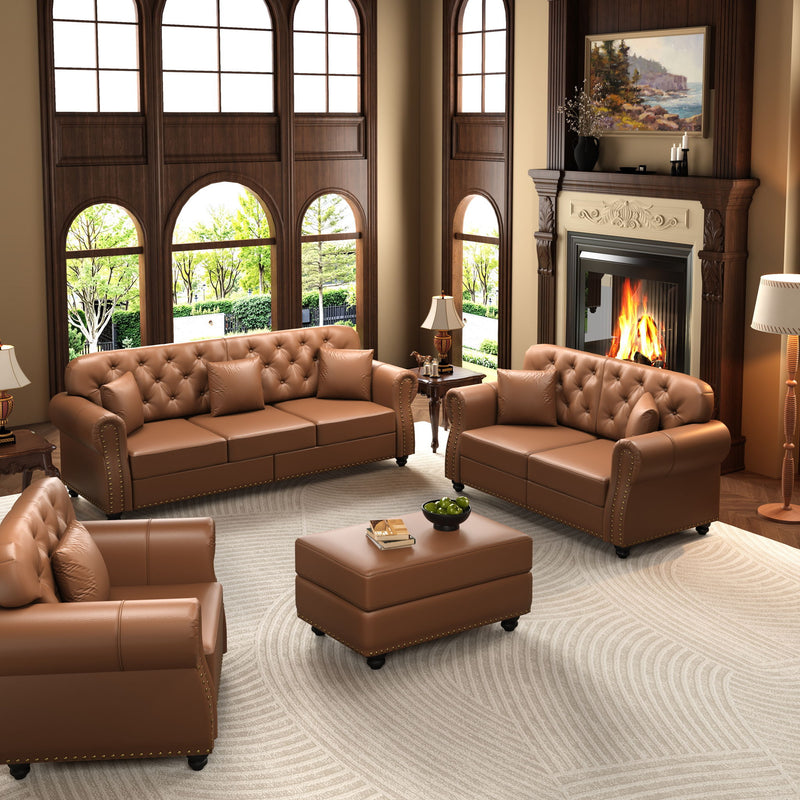 Upholstered Sofa With Nailhead Trim, Rolled Armrests With Ottoman