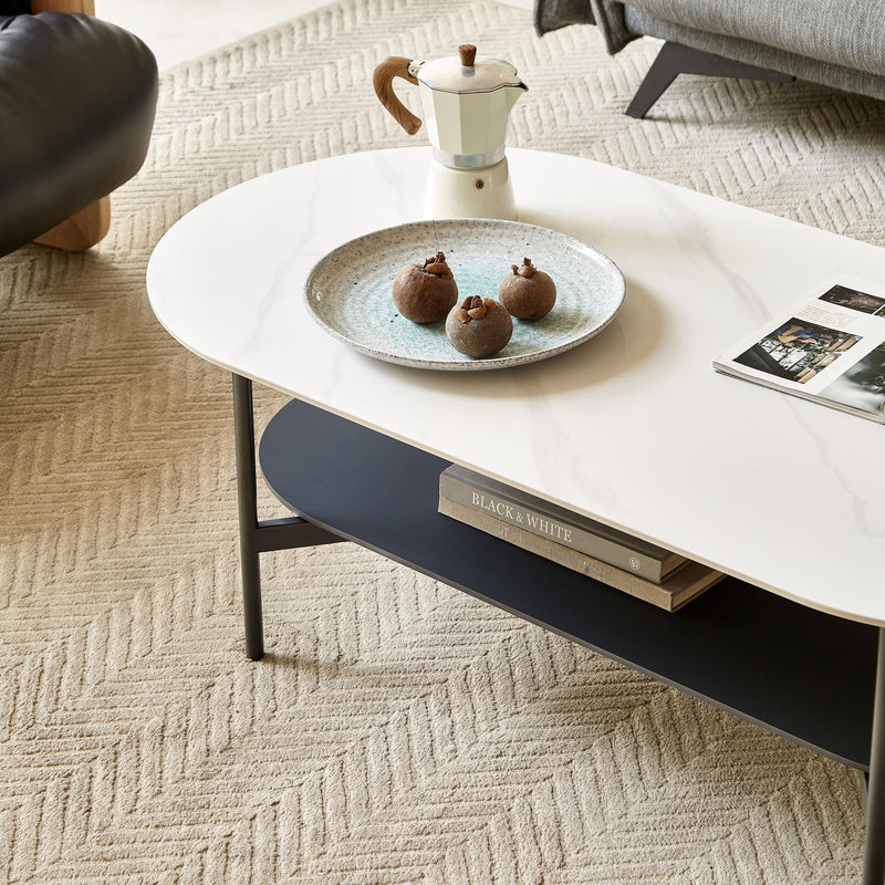 Contemporary Coffee Table Sintered Stone Surface With Ceramic Finish Double Layer Design Base Matte Shelf Modern Living Room Center Table - White / Gray