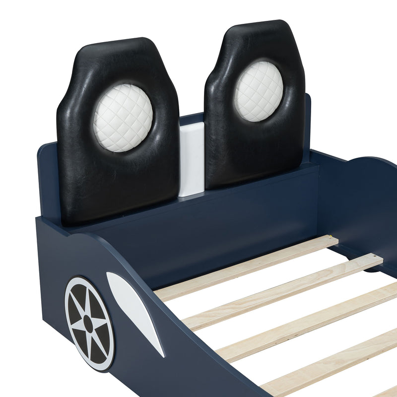 Race Car Shaped Platform Bed With LED And Upholstered Backrest In