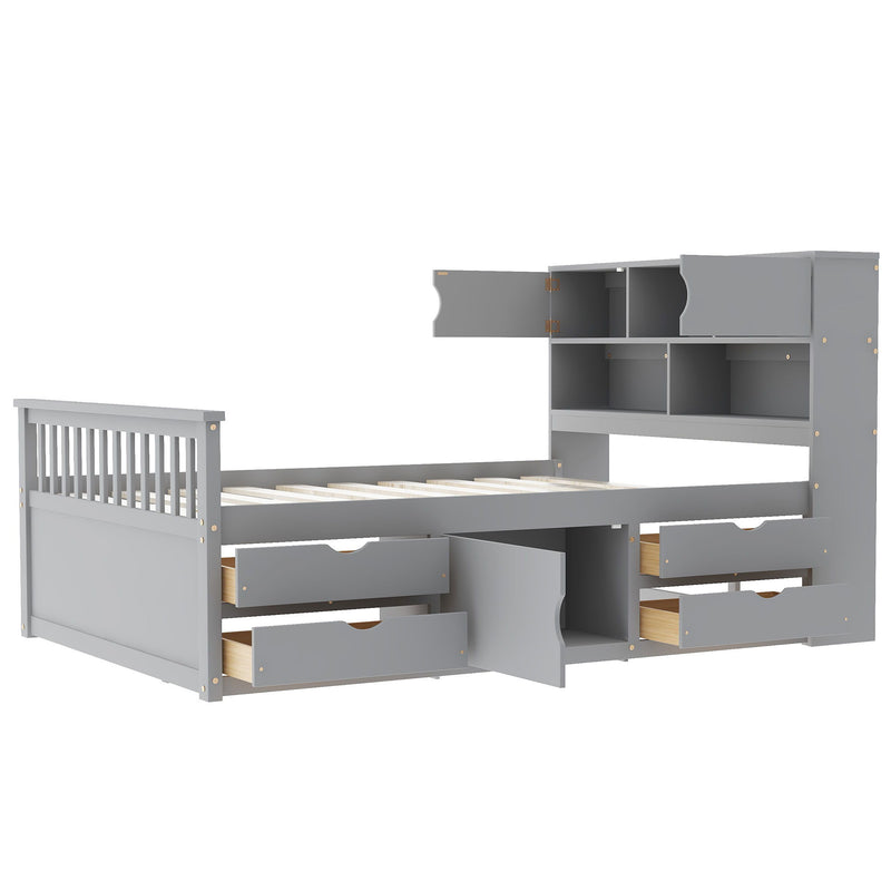Captain Platform Bed Frame With Bookcase Headboard, 4 Drawers, Storage Shelves