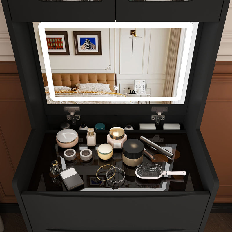 3 In 1 Vanity Table With LED Mirror & Storage Stool, Flip Top Makeup Dressing Table With Adjustable Lights, 5 Storage Spaces Cosmetic Organizer For Bedroom - Black