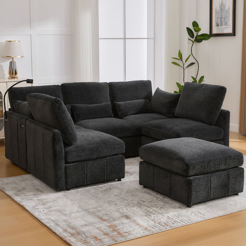 Modern Modular U-Shaped Sofa Bed With Movable Ottoman, USB Ports, Phone Holder