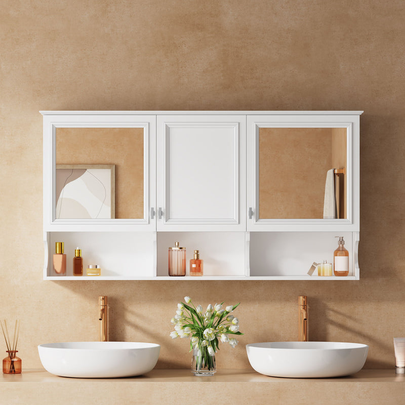 Wall-Mounted Mirror Medicine Cabinet With Adjustable Shelf And Open Shelves, Bathroom Storage Cabinet Over Toilet - White