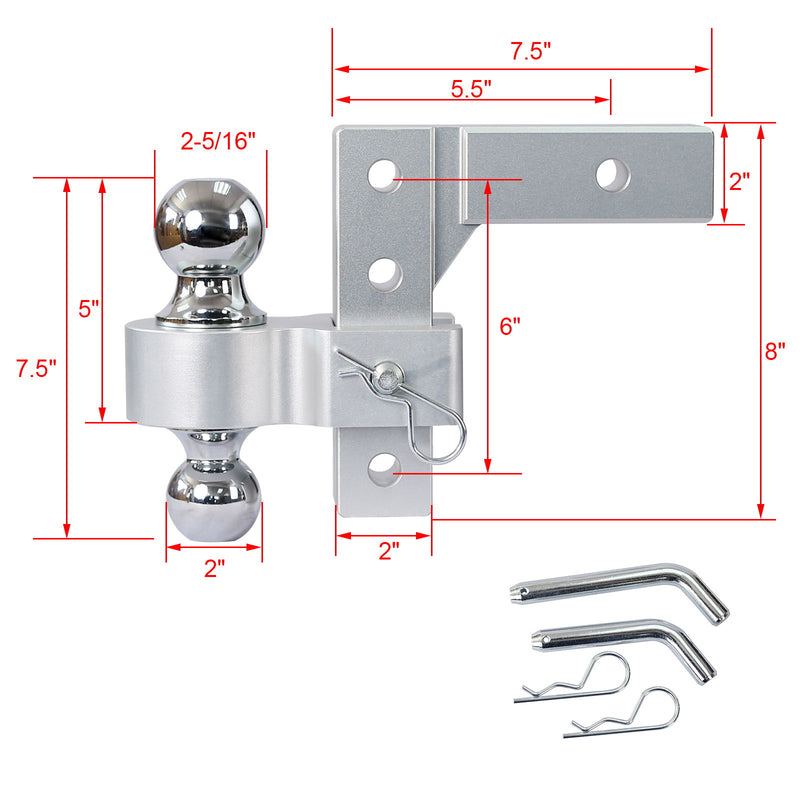 Alu - Adjustable Trailer Drop Hitch With 2" Receiver, 6" Adjustable - Silver