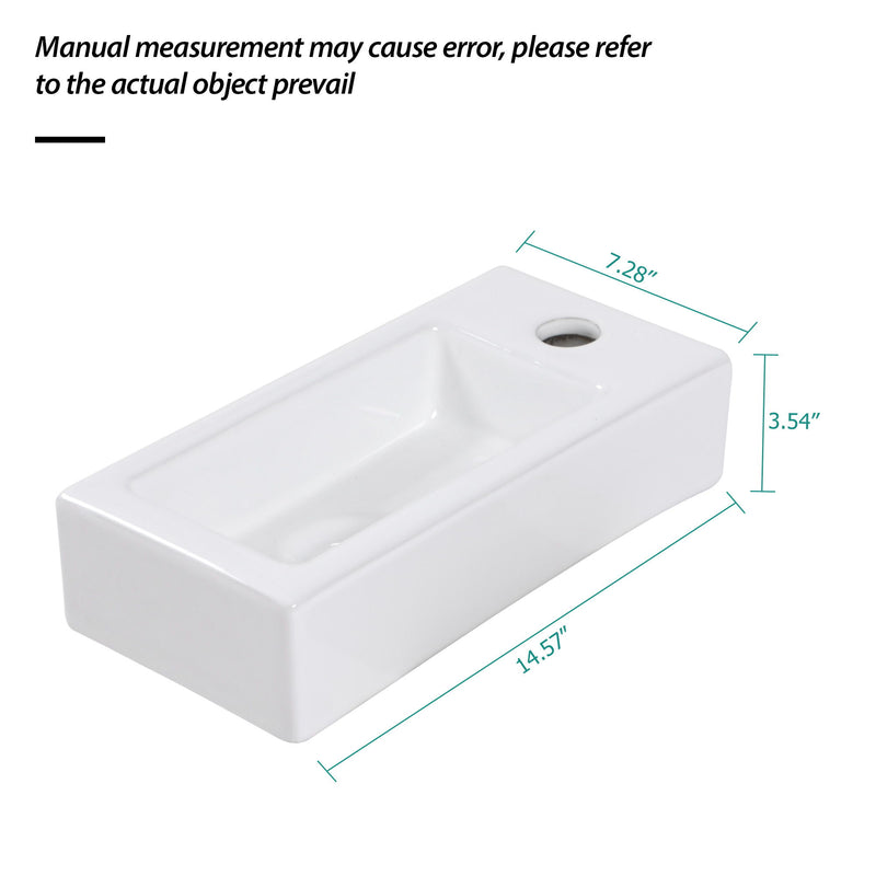 Modern Ceramic Rectangle Wall Mount Bathroom Sink With Single Faucet Hole - White