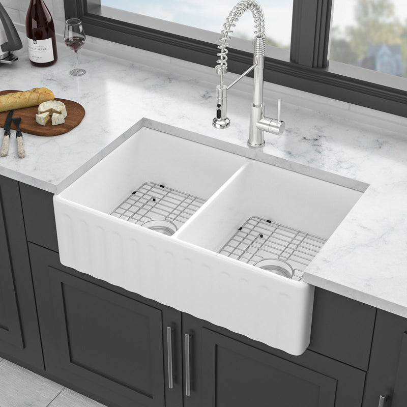 Sink 33" Double Bowl Kitchen Sink With Deep Bowls And Grids - White