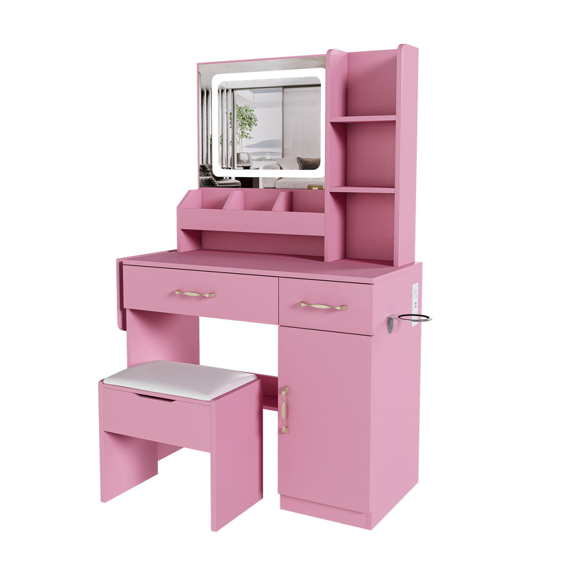 Vanity Desk With LED Mirror Lights And Charging Outlet
