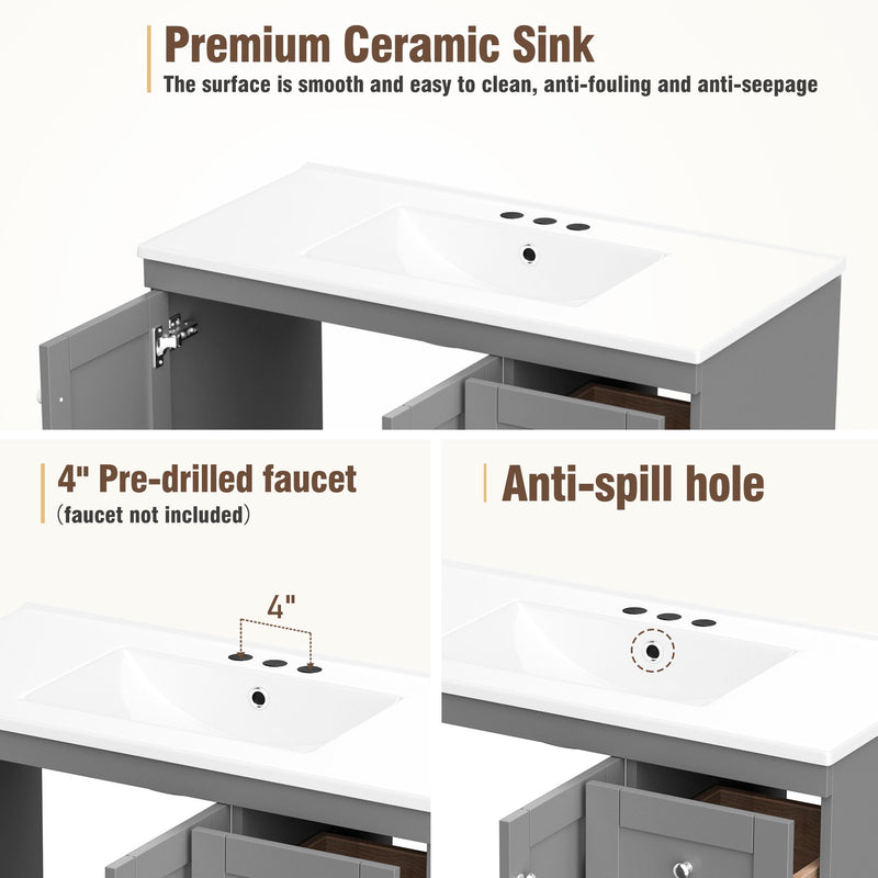Shaker Free Standing Bathroom Vanity Cabinet & Sink, Soft Close Drawers, Soft Close Doors