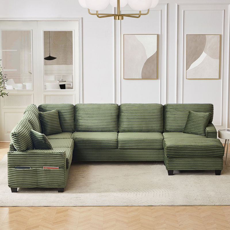 Upholstered U-Shaped Sectional Sofa With Movable Ottoman And Side Storage Pockets