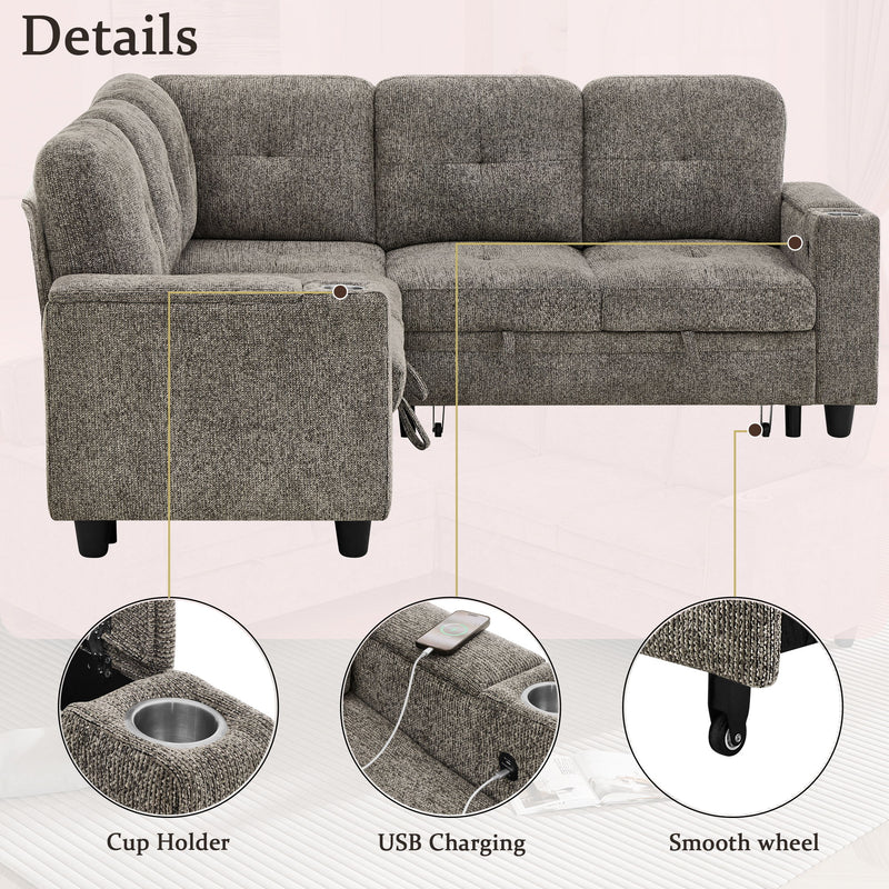 5 Seat Reversible L - Shaped Sleeper Sofa, Pull Out Convertible Sectional Couch With Storage, USB C - Charger, Cup Holders Modular Sofa Bed - Gray