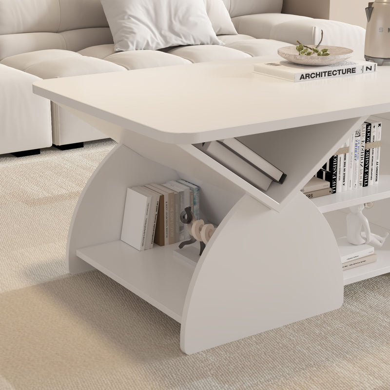 Geometric Engineered Coffee Table With Rounded Corners With Open Shelves