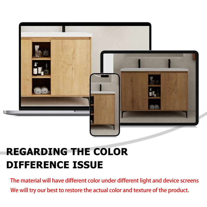 Elegant 48" Freestanding Bathroom Vanity With Double Resin Sink And Storage Rack Soft Close Doors - Imitative Oak