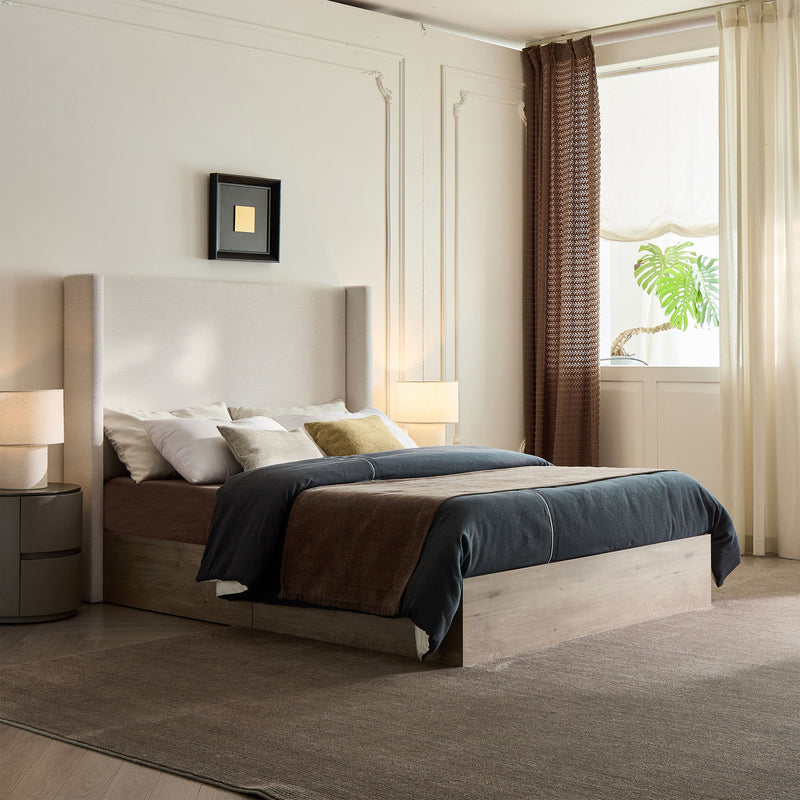 Shelton - Queen Upholstered Wingback Bed With 54" High Headboard - Ivory / Light Gray / Camel Oak