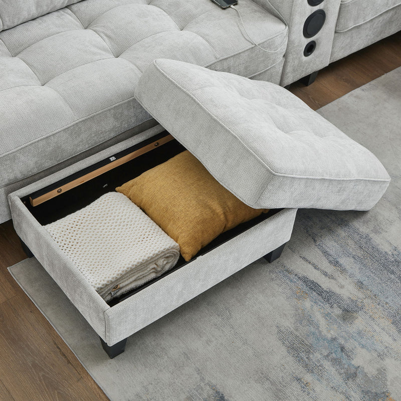 Modern Sectional Sofa U-Shaped With Movable Ottomans, tooth Speakers, LED Lights And Modular Storage