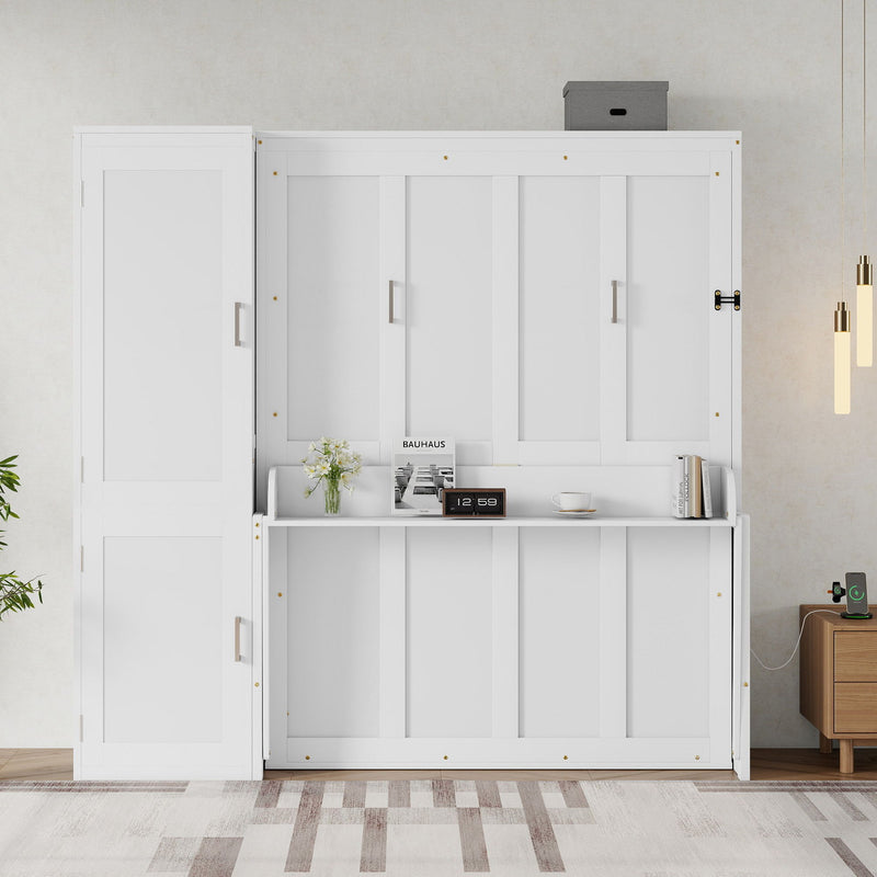 Queen Size Murphy Bed With Wardrobe, Space-Saving Hidden Wall Bed With Desk And Charging Station - White
