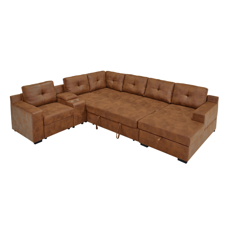 U - Shape Sectional Pull Out Bed With Console, Storage, And USB Charging