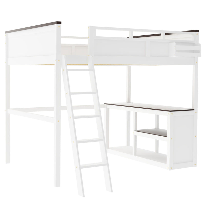 Queen Size Loft Bed With Desk, Open Shelf, Storage Box And USB Charging Station - White