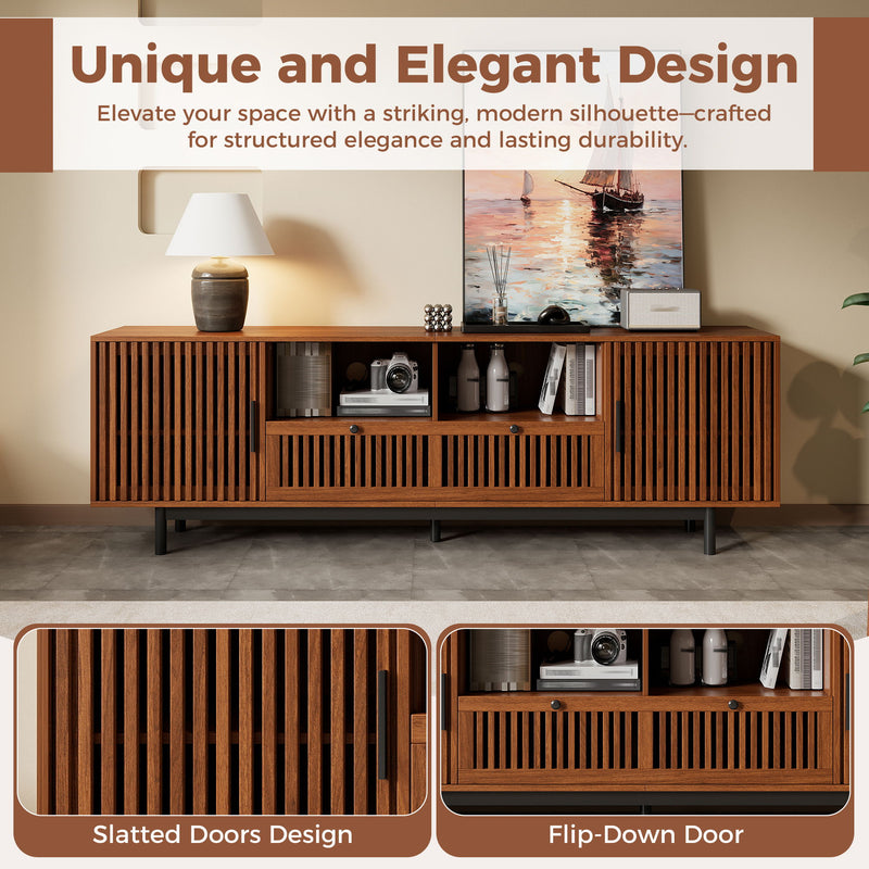 TV Stand, Entertainment Center With Slatted Doors, Cable Management, Soft Closing Hinges - Walnut