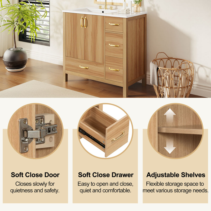36" Bathroom Vanity, 2 Soft Close Doors, 4 Soft Close Drawers, Adjustable Shelf, Storage Cabinet - Acacia Wood
