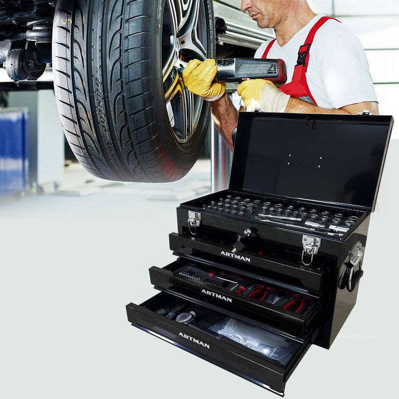 Portable 3 Drawer Steel Toolbox, 4 Layers Of Tools With Metal Latches, With Storage Tray And Carrying Handle