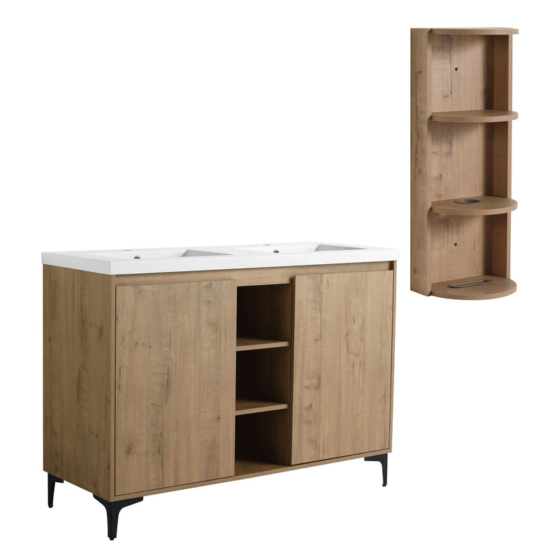Elegant 48" Freestanding Bathroom Vanity With Double Resin Sink And Storage Rack Soft Close Doors - Imitative Oak