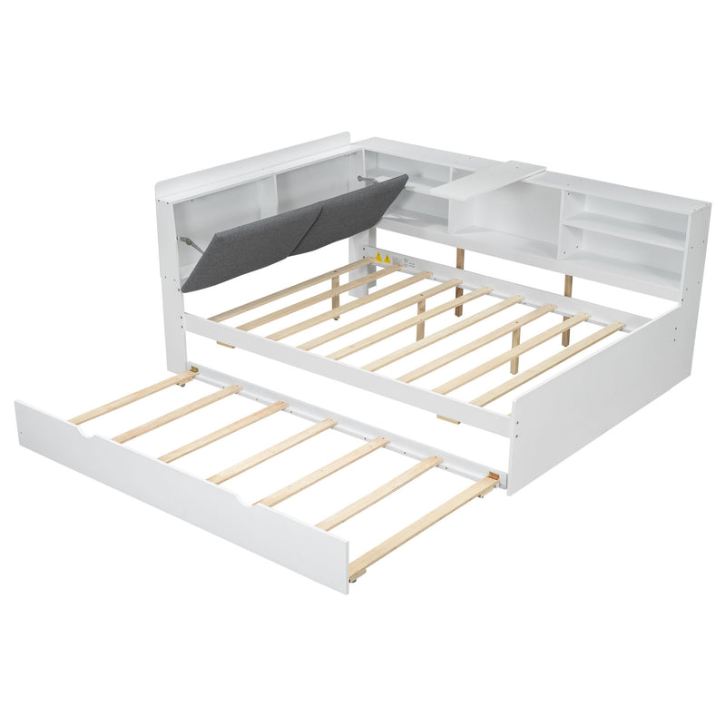 Platform Bed With Trundle, Shelves, And Storage Headboard