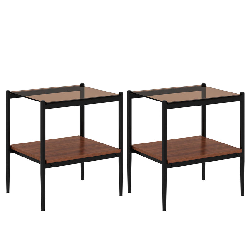 Modern Rectangle End Table (Set of 2) With Tempered Glass Tabletop And Layer - Brown