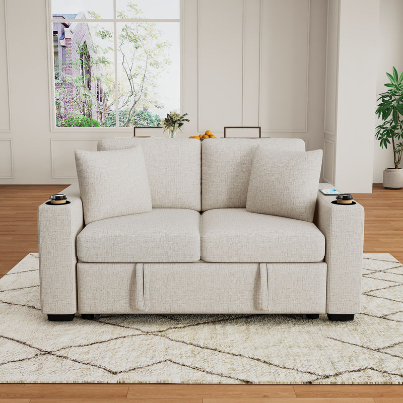Modern 2 Seater Loveseat Sofa With Pull-Out Bed, Fabric, Built-In USB Ports & Cup Holders