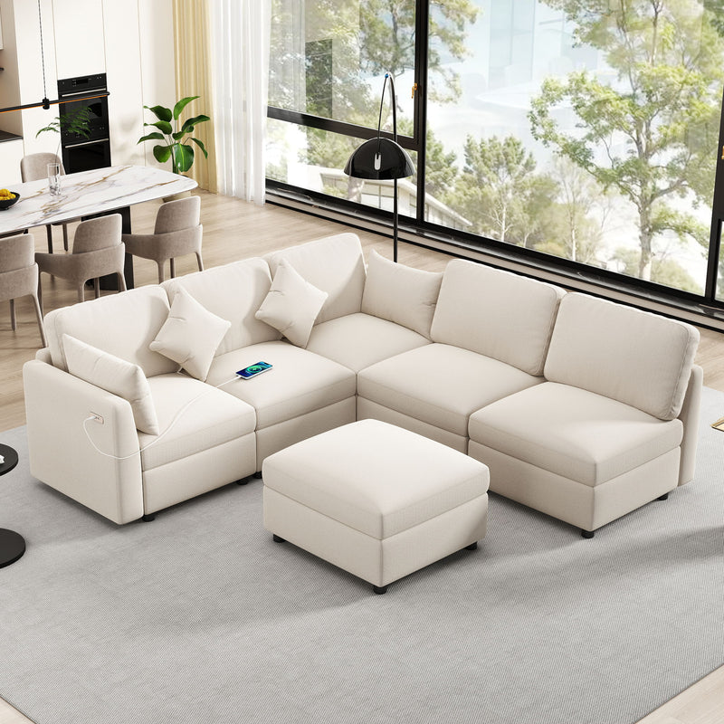 Sectional Sofa Modular U-Shaped With Ottoman & USB Ports