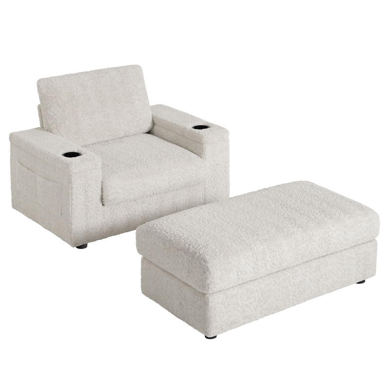 Oversized Chaise Lounge Indoor Rabbit Fur Sofa Bed With Storage Ottoman And Armrests Cup Holders With Deep Seat