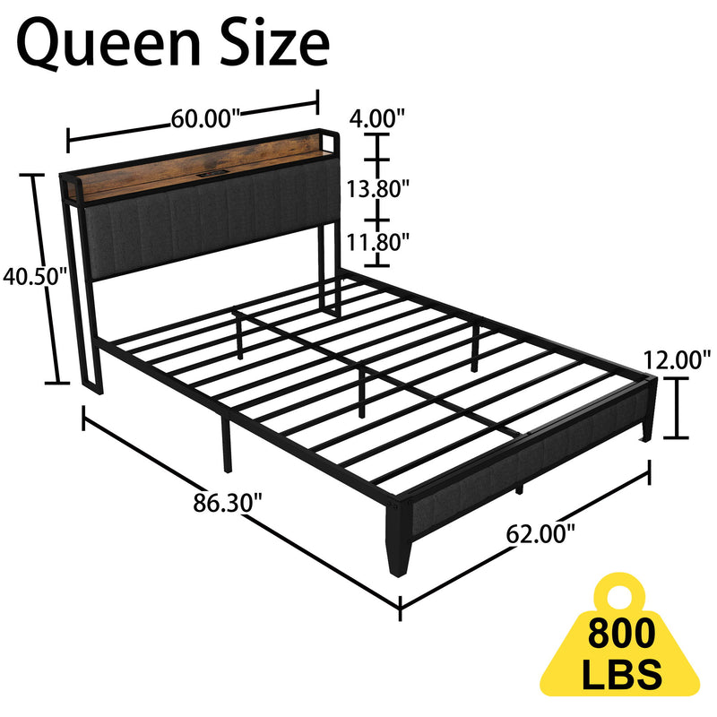 Bed With Charging Station, American Design Upholstered Headboard, Metal Platform