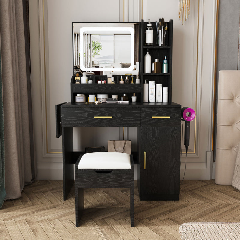 Vanity Desk With LED Mirror Lights And Charging Outlet