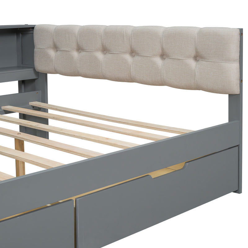 Upholstered Headboard Platform Bed With Storage Shelves, Drawers, Charging Station