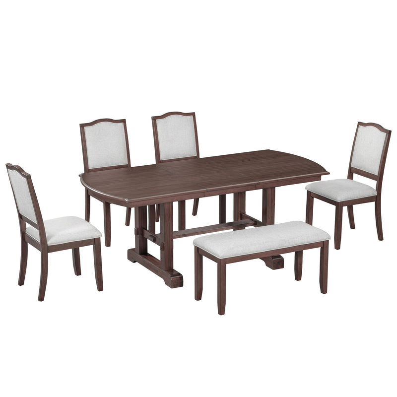 6 Piece Extendable Dining Table Set, Wood Table With Removable Leaf, 4 Upholstered Chairs And Bench - Cherry