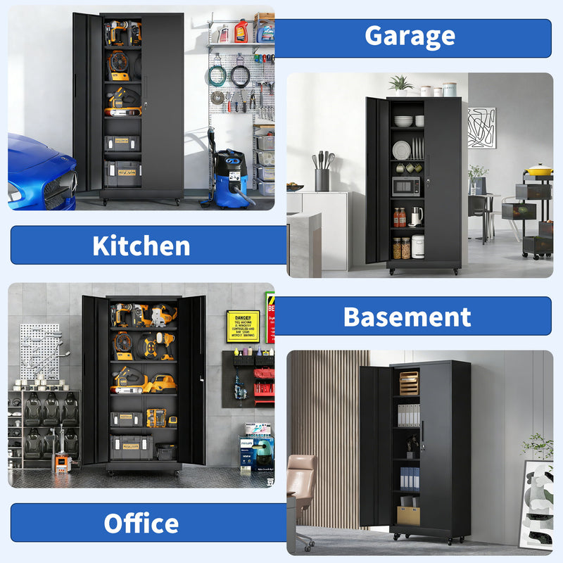 Storage Cabinet With Wheels And Lock, 4 Adjustable Shelves, 3 Point Locking Security, For Tool Organization In Garage - Black