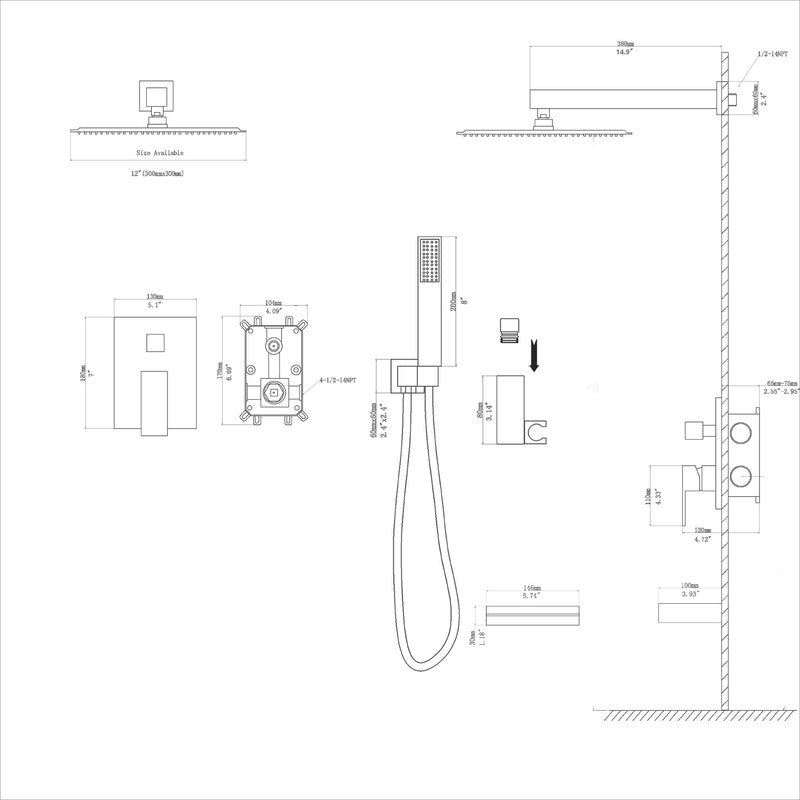 Square Shower System With Waterfall Tub Spout And Rough In Valve, Wall Mounted