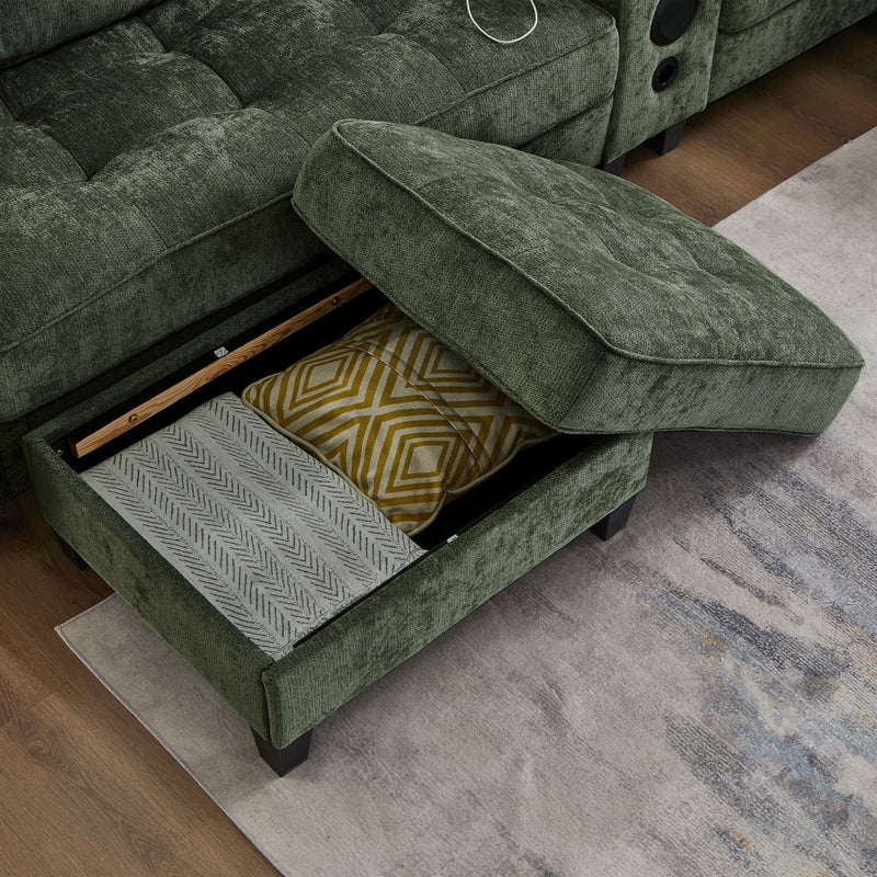 Modern Sectional Sofa U-Shaped With Movable Ottomans, tooth Speakers, LED Lights And Modular Storage