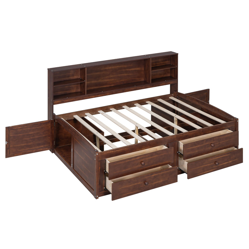 Full Size Captain Bed With Built In Storage Shelves, 4 Drawers And 2 Cabinets - Antique Brown