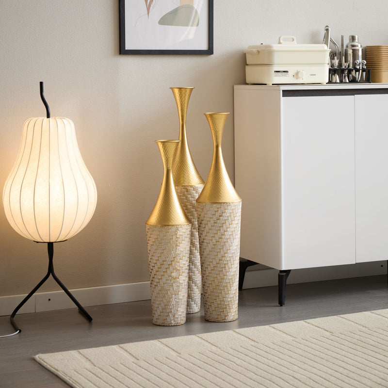 Floor Metal Vase Modern Style Decoration Home Woven Pattern Metal Vase 3 Piece Set Gorgeous Home Decoration Large Glazed Metal Vase - Champagne