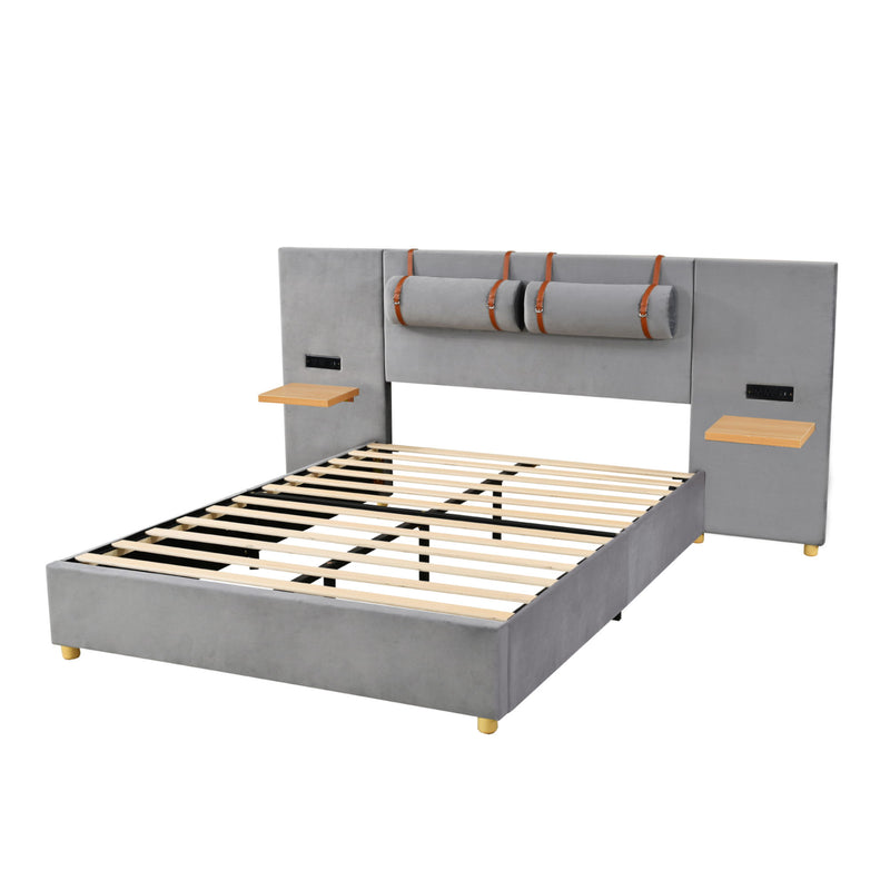 Upholstered Platform Bed, 2 Outlets And USB Charging Ports On Both Sides, 2 Bedside Pillows, Storage Shelves