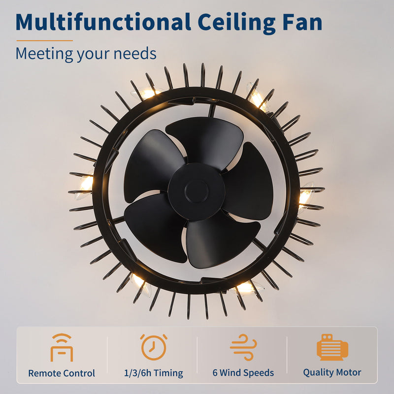 Flush Mount Ceiling Fan With Lights, Low Profile Fandelier With E12 Sockets, Reversible DC Motor, 6 Speeds - Black