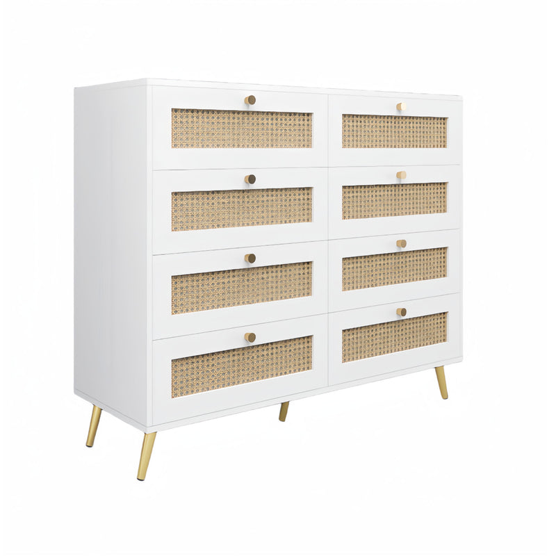 8 Drawers Chest Of Drawers With Rattan Drawer Face Golden Legs And Handles - White