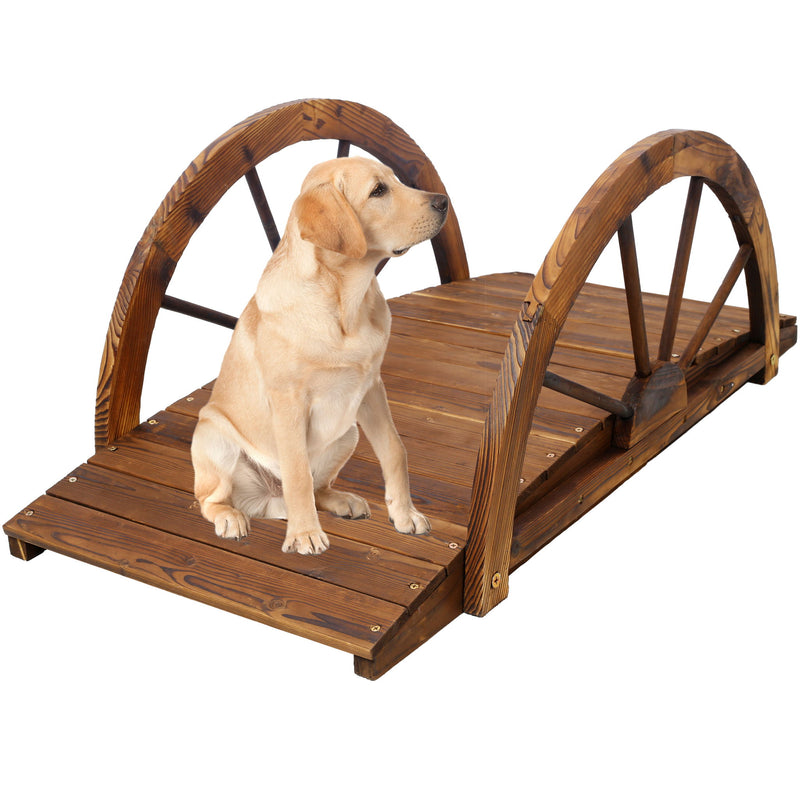 Wooden Garden Bridge Arc Footbridge With Half Wheel Railings Solid Fi - Brown