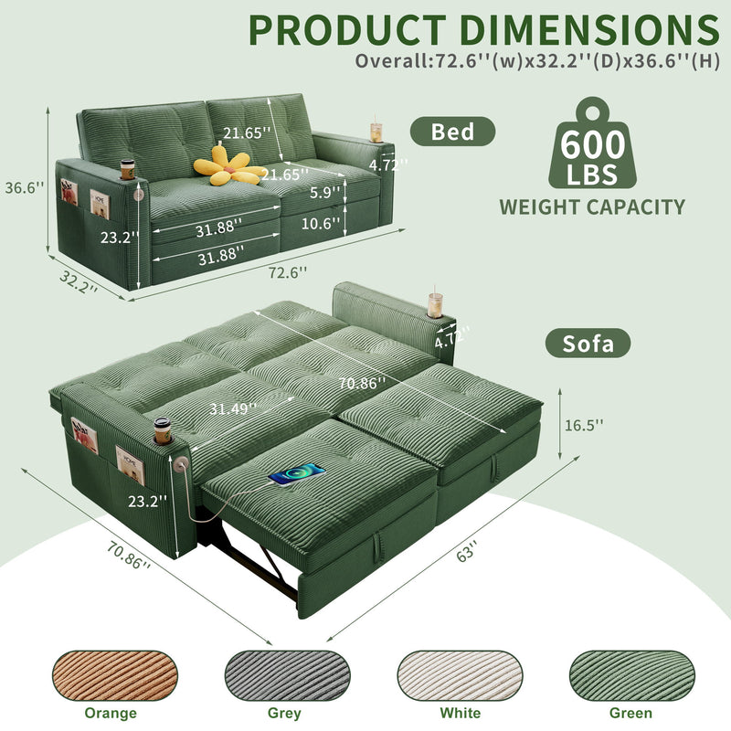 2 In 1 Convertible Sofa Bed For Living Rooms - Green