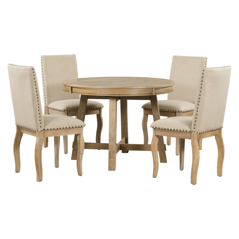 Round Extendable Dining Table Set With 4 Upholstered Chairs